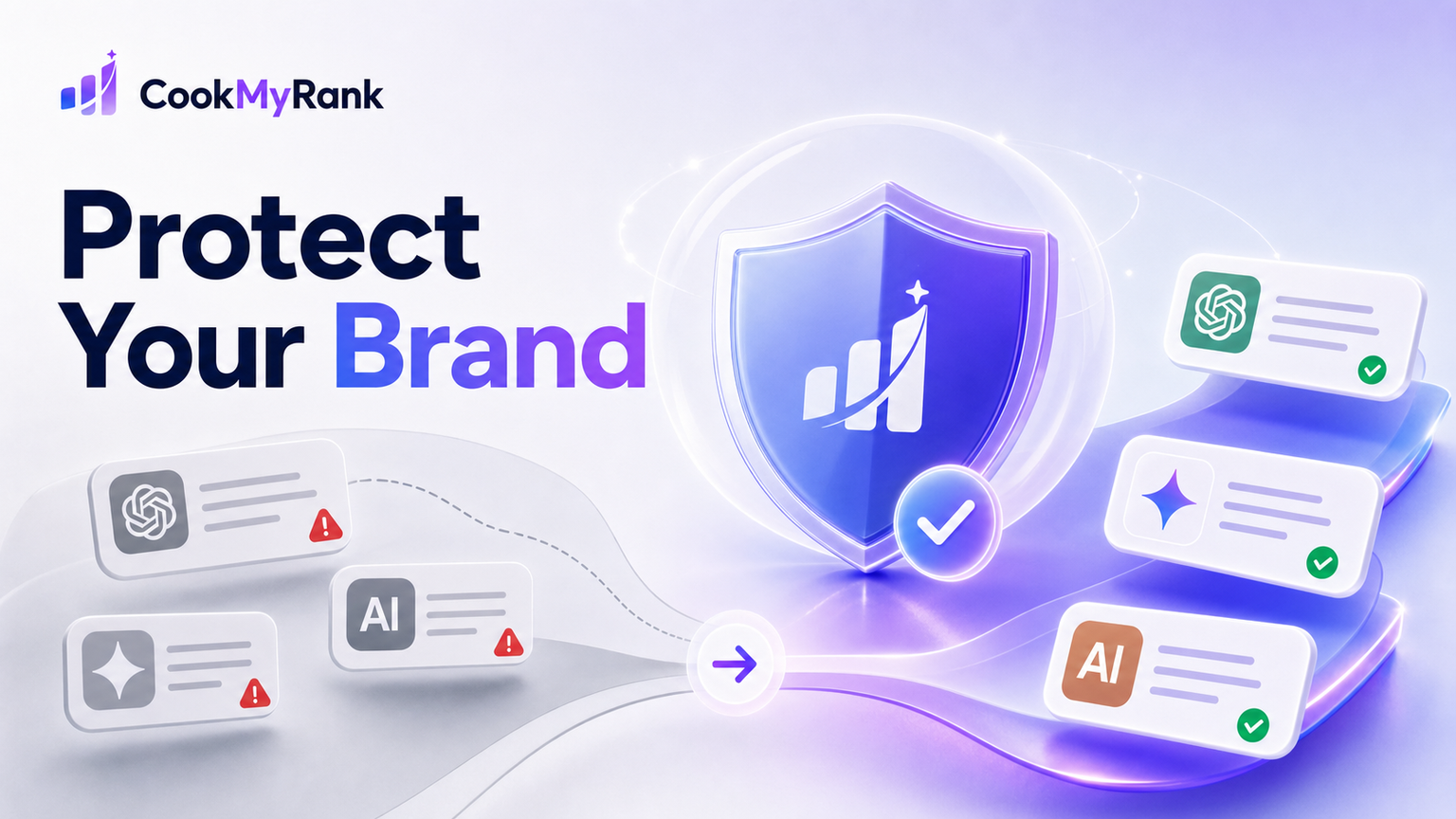 A digital illustration representing AI mention monitoring, with abstract data streams flowing into a central shield icon, symbolizing brand protection in the generative AI landscape.
