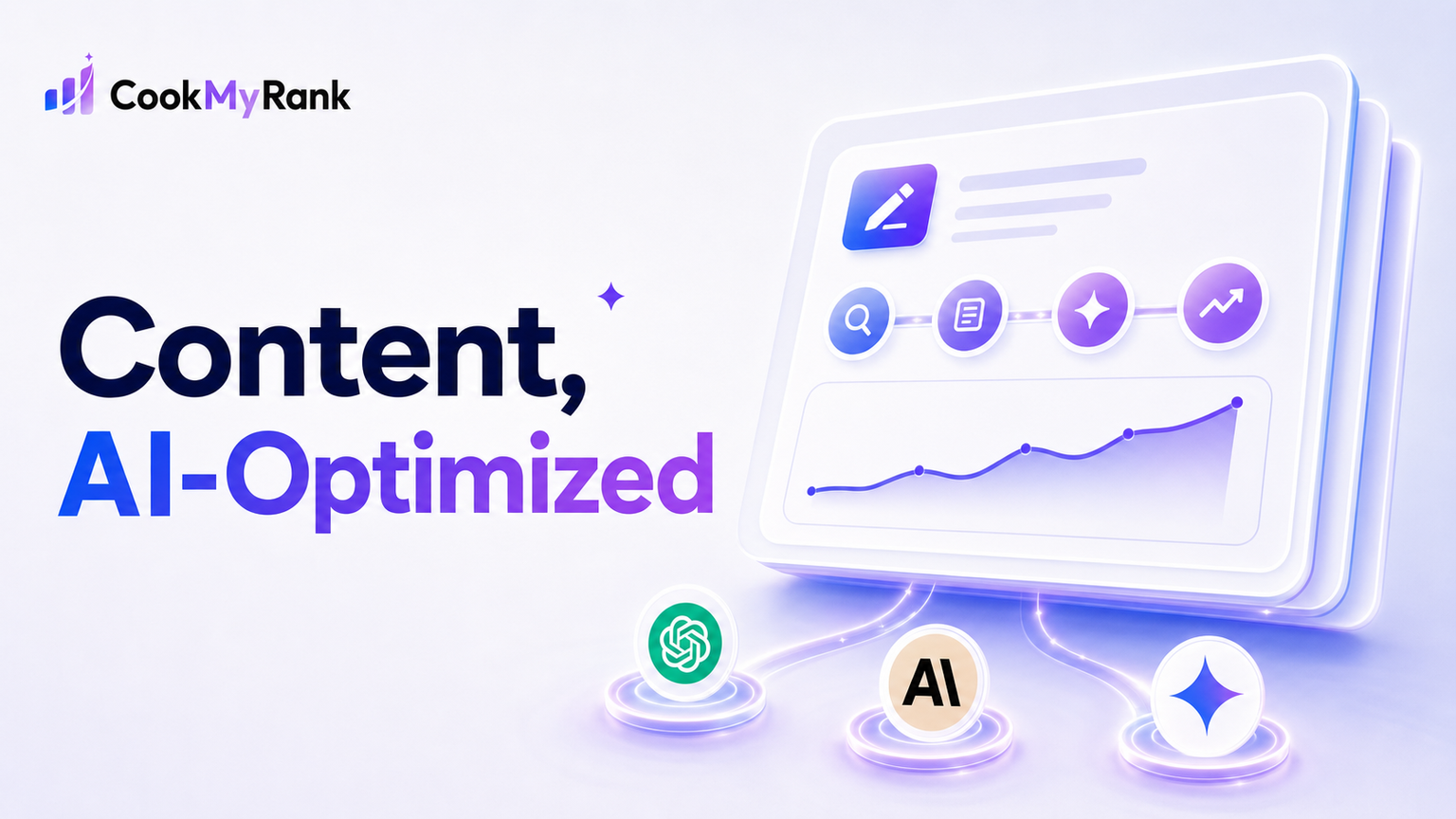 A digital illustration representing an AI article workflow, showing interconnected nodes and data streams flowing into generative AI models like ChatGPT and Gemini, with CookMyRank's logo subtly integrated, symbolizing optimized content for AI discovery.