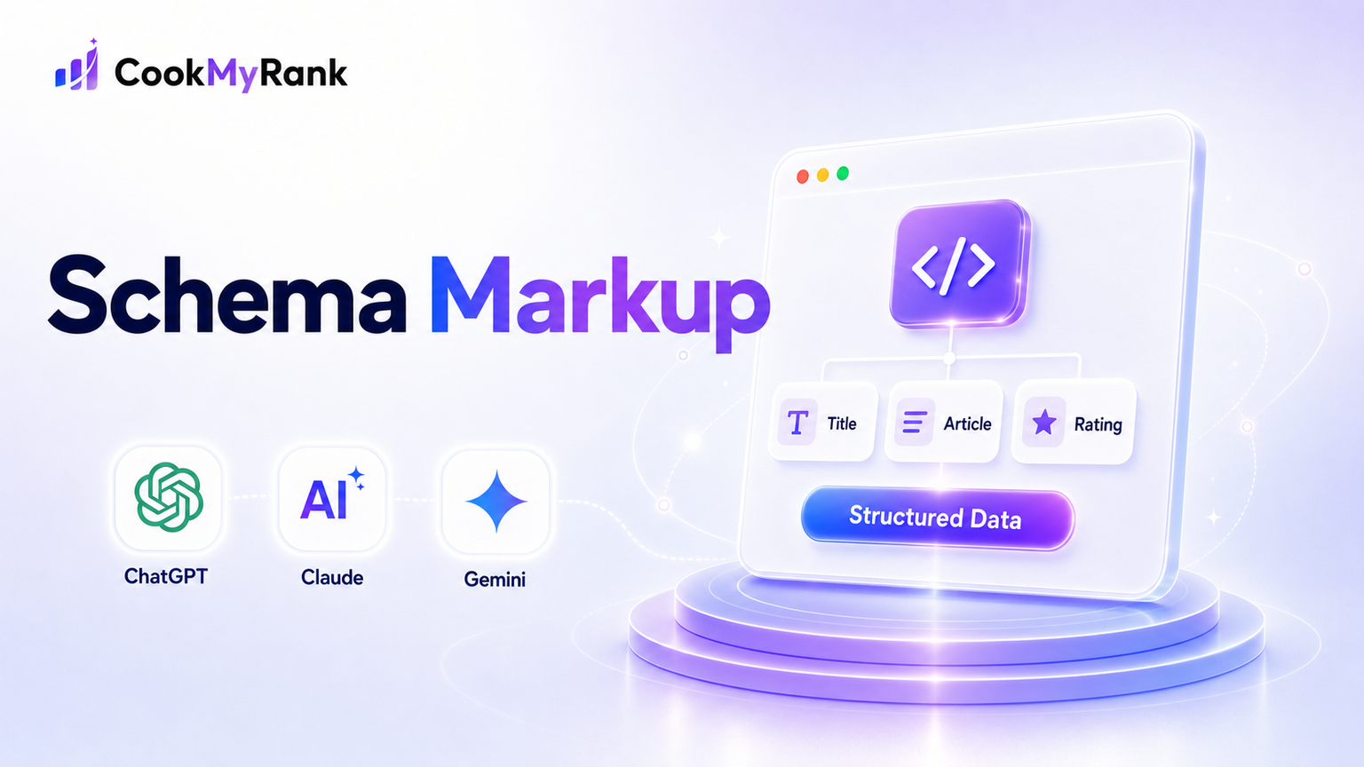 Abstract digital illustration representing schema markup code connecting with various AI search engine logos like ChatGPT, Claude, and Gemini, symbolizing enhanced AI search visibility and generative engine optimization (GEO).
