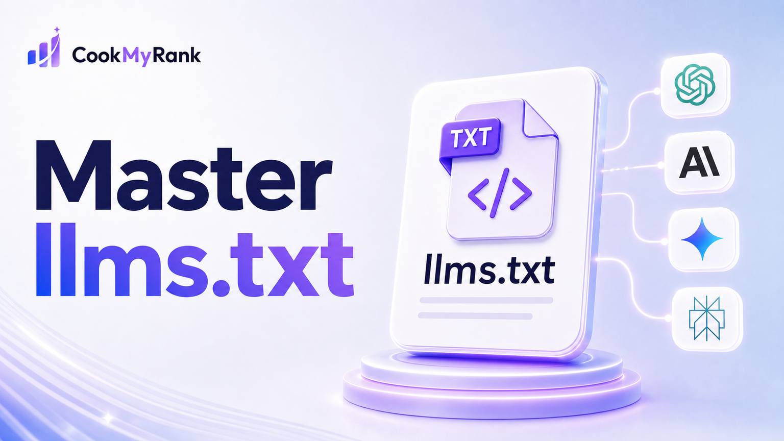 A digital illustration representing the llms.txt file as a gatekeeper for AI crawlers, with various AI model logos (ChatGPT, Claude, Gemini, Perplexity) approaching a website represented by a stylized globe, all within a clean, modern design.