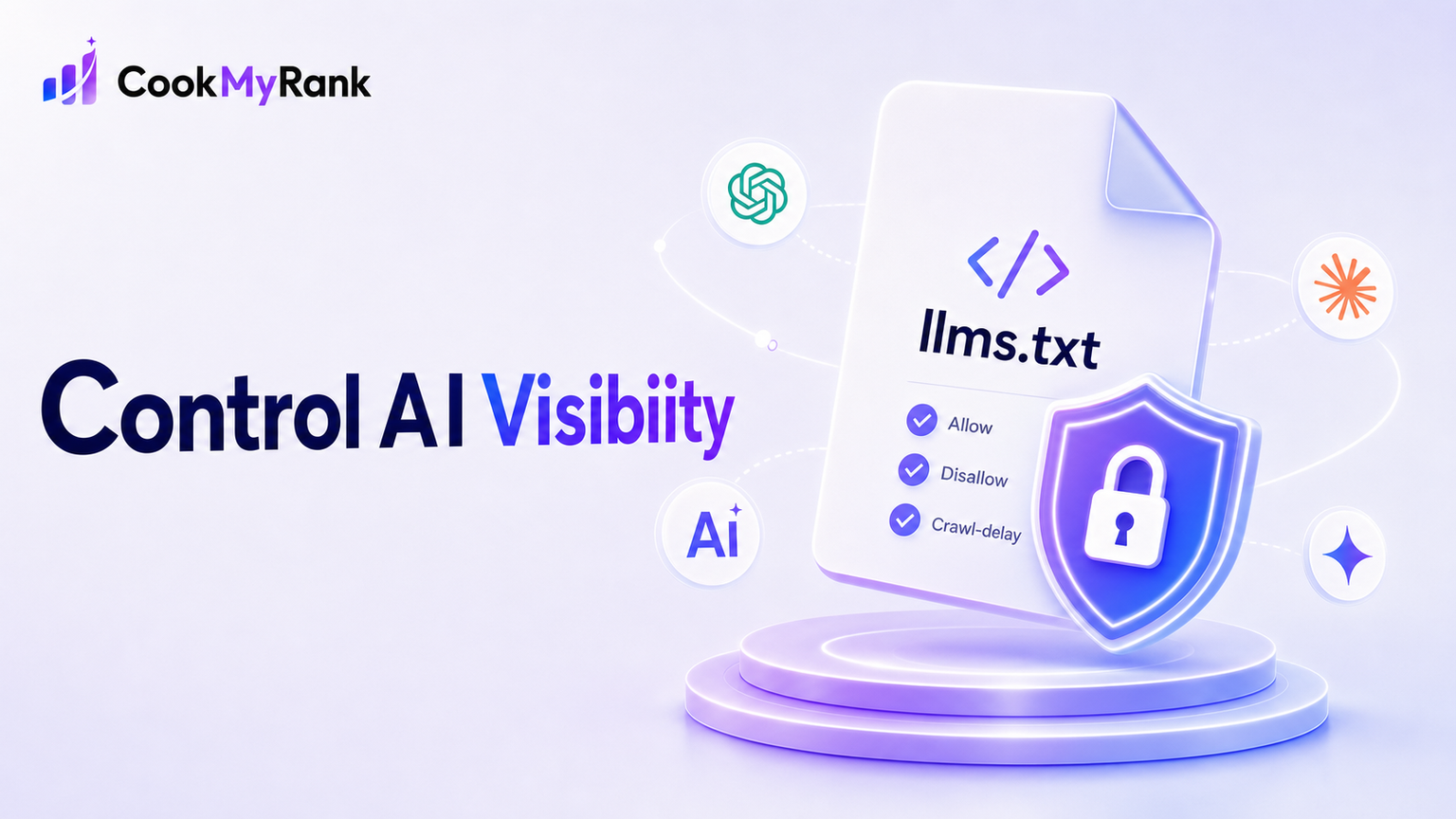 A digital illustration representing the llms.txt file as a gatekeeper, controlling data flow to various AI model logos like ChatGPT, Claude, and Gemini, symbolizing AI search visibility control and generative engine optimization.