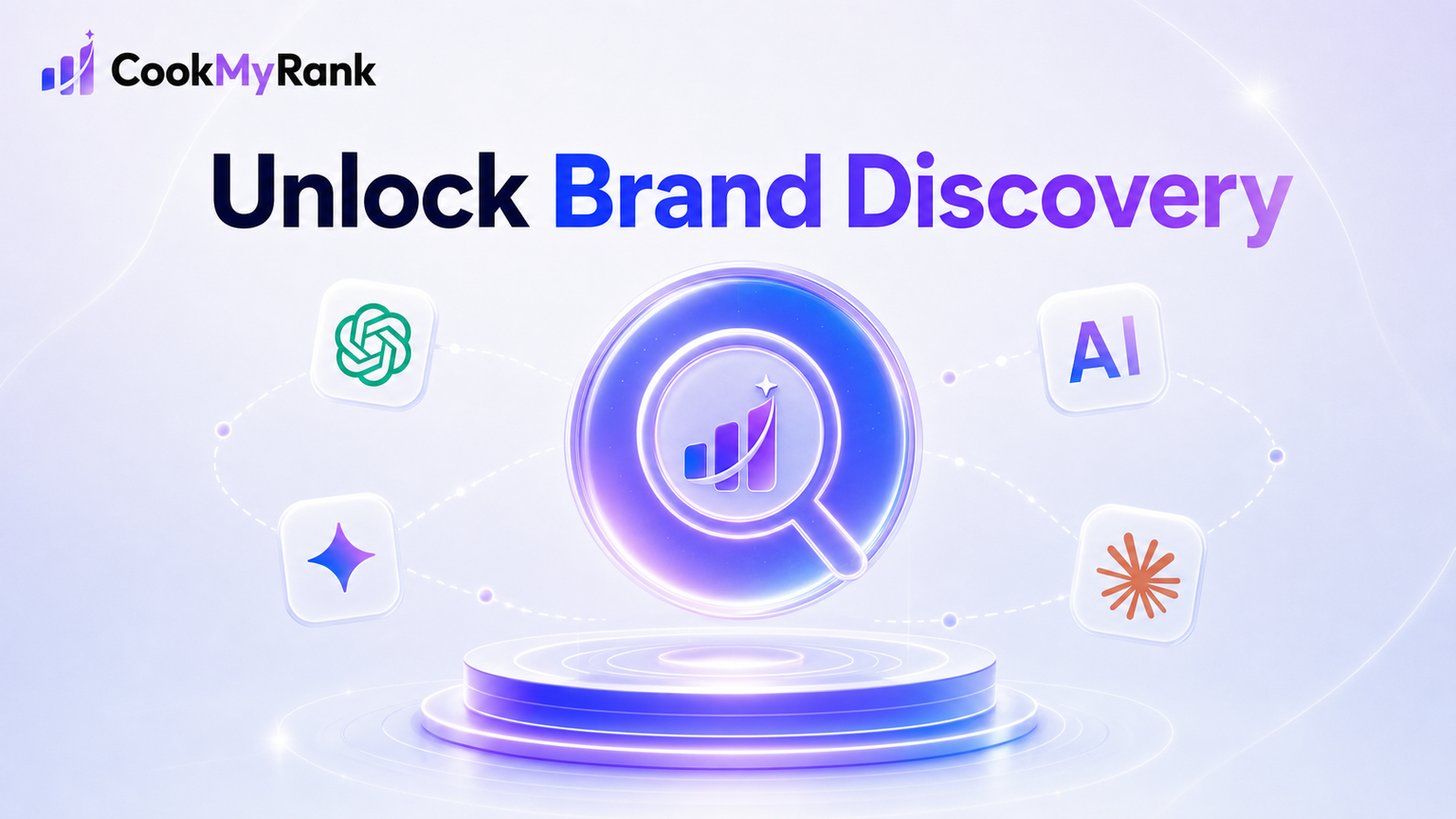 A futuristic digital landscape with interconnected nodes representing AI models and data streams, highlighting the concept of AI search optimization and brand discovery.