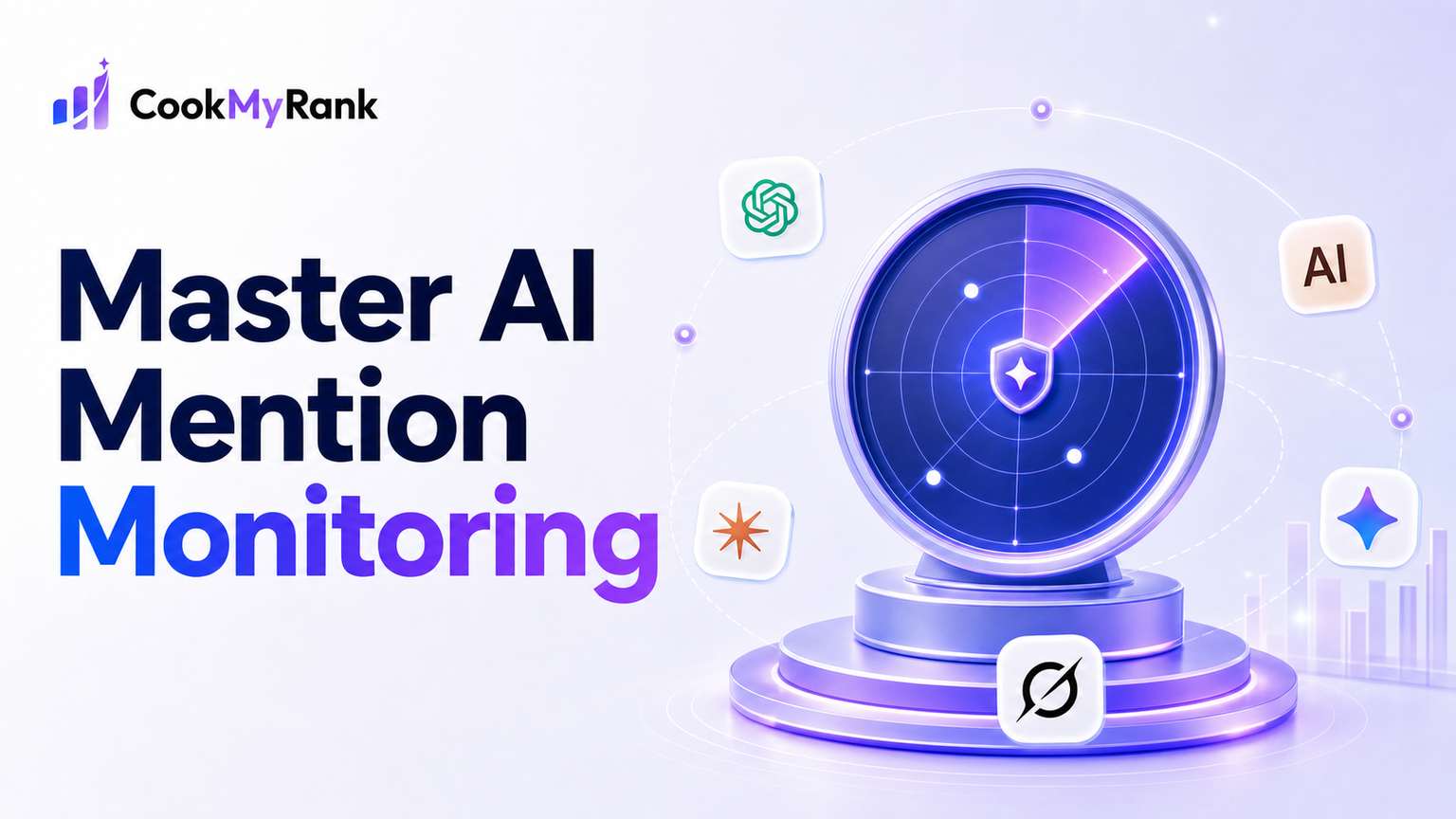 Abstract illustration representing AI mention monitoring, with interconnected nodes symbolizing generative AI models like ChatGPT, Claude, and Gemini, and a central brand icon radiating authority and visibility.