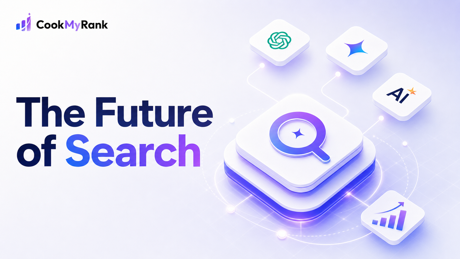 A futuristic digital landscape with interconnected nodes and glowing data streams, symbolizing the complex and evolving nature of generative AI SEO and AI search strategies.