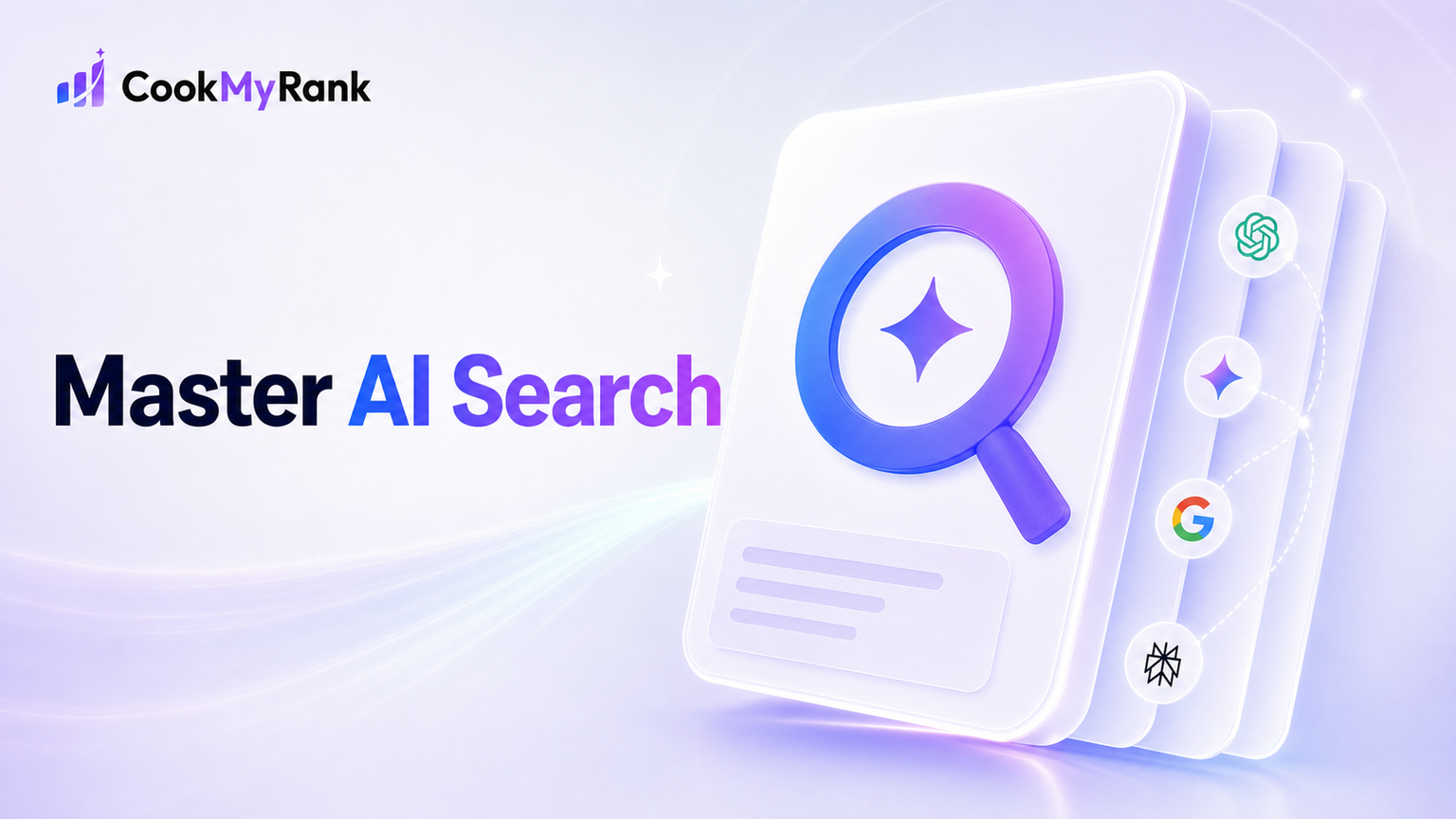 A futuristic graphic depicting interconnected nodes and data streams, symbolizing large language models processing information, with a magnifying glass icon representing AI search visibility and optimized content.